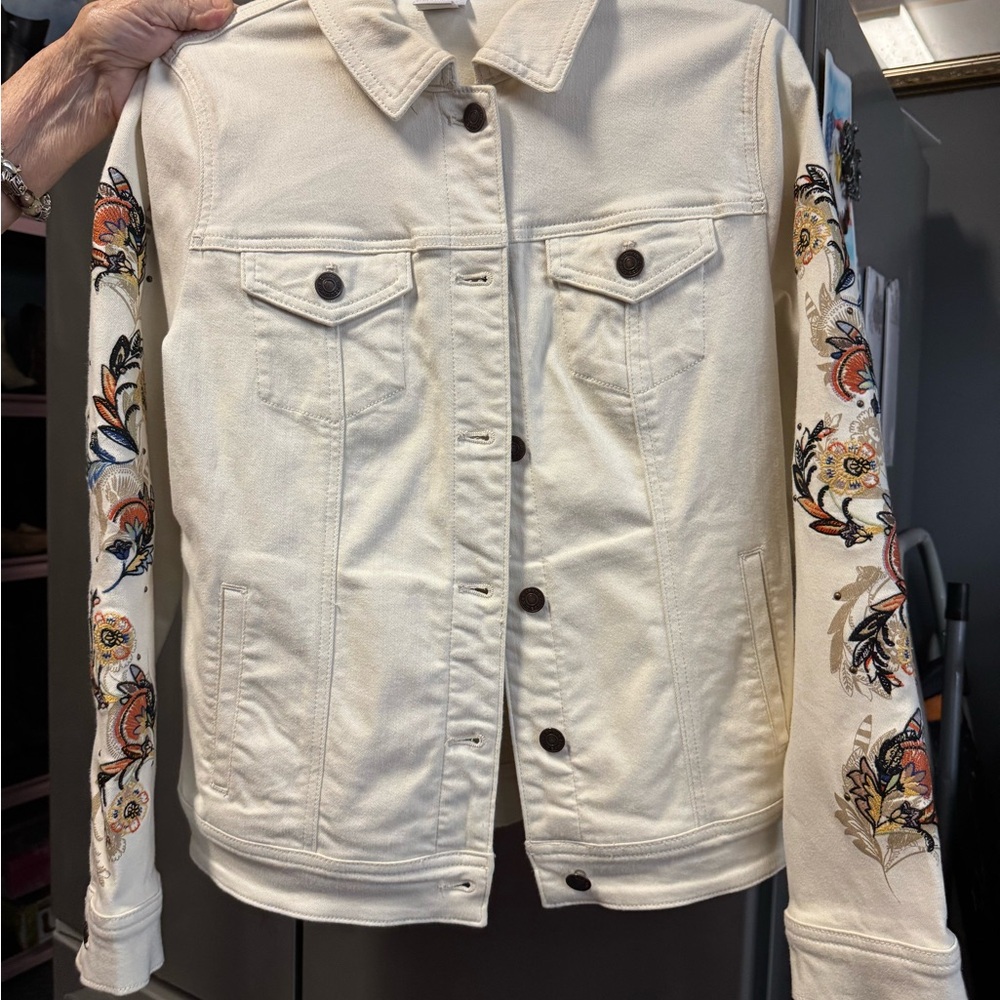 Chico's Cream Denim Jacket with Floral Embroidery
